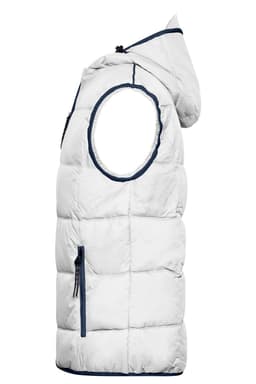 A white padded men's vest with a hood and navy trim, featuring an open arm design and a front zipper pocket.