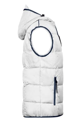 A white hooded vest with a puffy design and navy accents, featuring zippered pockets and one side view visible.