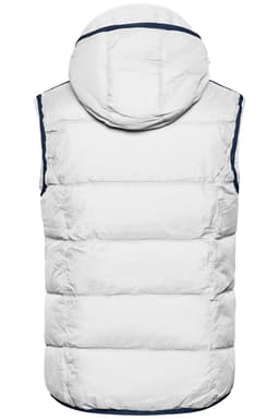 A white puffy men's vest with a hood, featuring a navy trim and a logo.