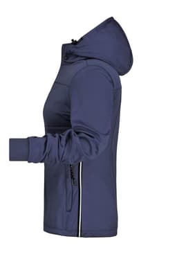 A ladies' maritime jacket in navy, featuring a hood and side zippers, with a logo on the sleeve.