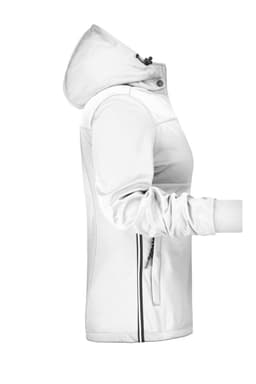 A white ladies' maritime jacket featuring a hood, side zip pockets, and a fitted design. It has a logo on the front.