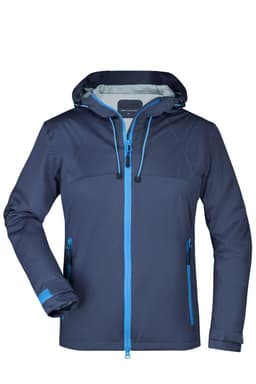 A navy blue ladies outdoor jacket with a hood, featuring blue accents and zippered pockets. It has a logo on the chest.
