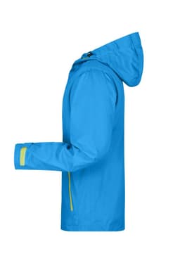 A blue men's outdoor jacket with a hood and yellow accents, featuring a side view displaying its design.