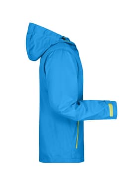 A blue outdoor jacket featuring a hood and contrasting yellow zip details, with a logo on the sleeve.