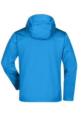 A bright blue men's outdoor jacket with a hood, featuring a simple design and a logo on the back.