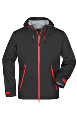 A stylish black outdoor jacket featuring red zips and accents, with a hood and multiple pockets.