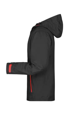 A black men's outdoor jacket with red accents, featuring a hood and long sleeves, displayed from the side.