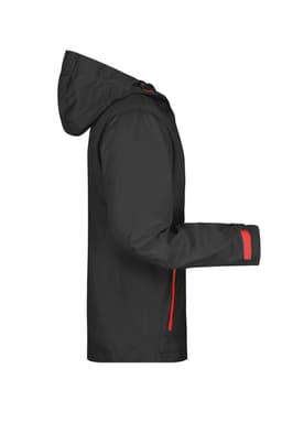 A men's outdoor jacket in black with red accents, featuring a hood and adjustable cuffs. It has a logo on the front.