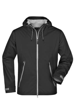 A men's outdoor jacket in black with grey accents and a hood, featuring zippered pockets and a logo.