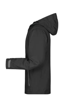 A black men's outdoor jacket featuring a hood and reflective detailing. It has a logo on one side.