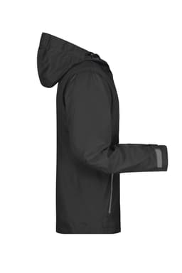 A men's outdoor jacket in black, featuring a hood and zippered pockets, with reflective detailing.