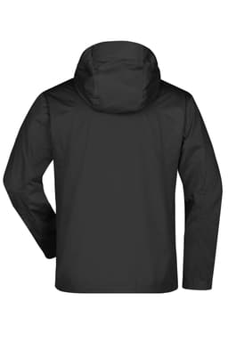A black men's outdoor rain jacket featuring a hood and a sleek design. It has a logo on the back.