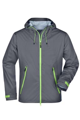 A grey outdoor jacket featuring green accents, a hood, and zippered pockets, with a logo on it.
