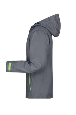 A grey men's outdoor jacket with a hood, featuring green accents and a logo on the side.