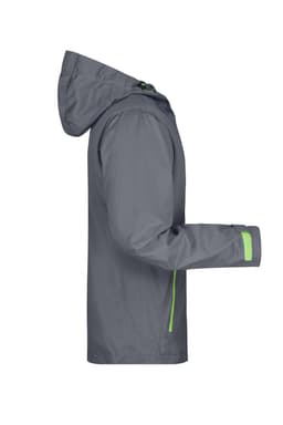 A grey men's outdoor jacket with a hood and bright green accents, featuring long sleeves and a side view design.