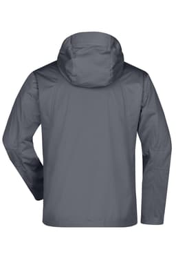 A grey men's outdoor jacket featuring a hood, with a smooth, rain-resistant design and a logo on the back.