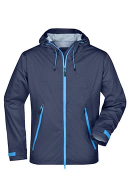 A men's outdoor jacket in navy with blue accents, featuring a hood and front zip pockets. It has a logo on the chest.