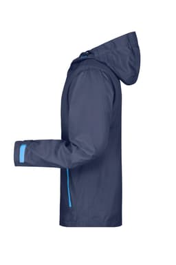 A navy outdoor jacket with a hood and blue accents, featuring a side view and a logo on the sleeve.
