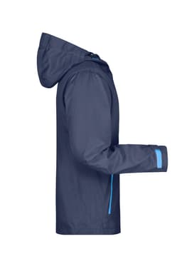 A blue outdoor rain jacket featuring a hood and contrasting blue details, with an adjustable sleeve design.
