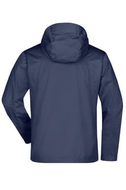 A men's outdoor jacket in navy blue, featuring a hood and back view with a logo.