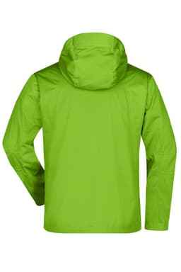 A green men's outdoor jacket featuring a hood and a plain back design. It includes a logo.
