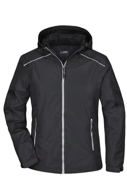 A black ladies rain jacket featuring a hood and zippered pockets, with reflective detailing and a logo.