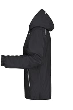 A black ladies rain jacket featuring a hood and zippered pockets, with elastic cuffs and a branding logo.