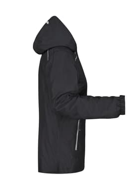 A black ladies rain jacket with a hood and zip pockets, featuring a logo on the sleeve.