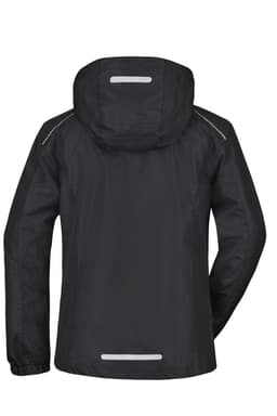 A black ladies rain jacket featuring a hood and reflective details on the back. It has a logo.