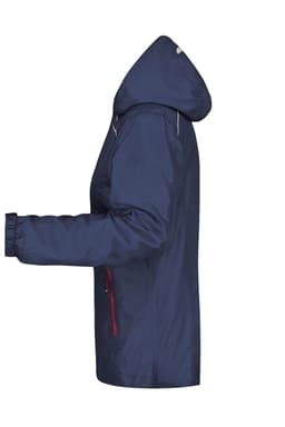 A navy blue ladies rain jacket with a hood, featuring a zip and elastic cuffs. It has a logo on the front.