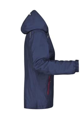A navy ladies rain jacket with a hood, featuring zippered pockets and elastic cuffs. It has a branding logo.