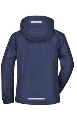 A navy blue ladies rain jacket featuring a hood and reflective detailing on the back. It has a logo present.