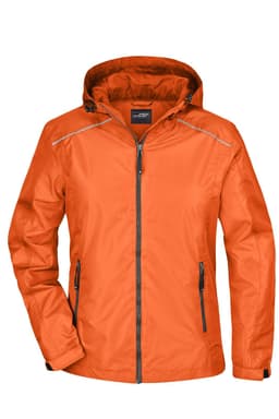 An orange ladies rain jacket with a hood and zip fastening, featuring two side pockets and reflective detailing.