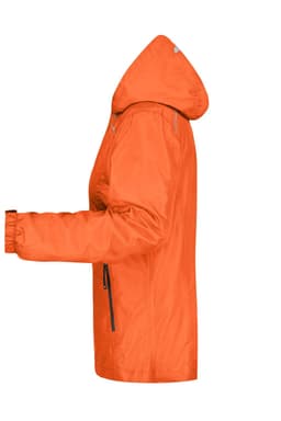 An orange ladies' rain jacket with a hood and zippered pockets, featuring a logo on the sleeve.