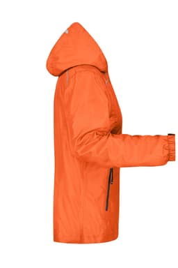 An orange ladies rain jacket with a hood and zippered pockets, featuring a logo on the sleeve.