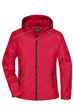 A red ladies rain jacket featuring a hood, zippered front, and pockets, complete with a logo.