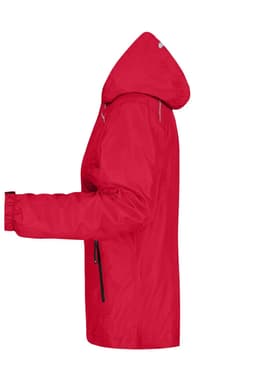 A red ladies rain jacket with a hood, featuring zippered pockets and elastic cuffs. It has a logo on it.