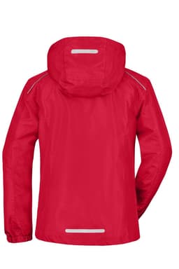 A red ladies rain jacket featuring a hood and reflective strips on the back. It has a logo on the upper section.