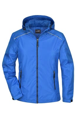A blue ladies rain jacket featuring a hood, zippered front, and side pockets, with a logo on the upper chest.