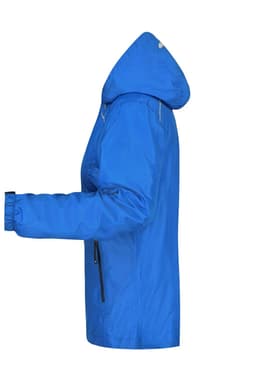 A blue rain jacket with a hood and zippered pockets, featuring a logo on the design.