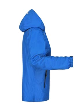 A blue ladies rain jacket with a hood, featuring zippered pockets and elasticised cuffs. It has a logo on it.