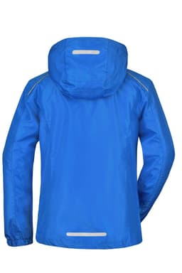 A blue ladies rain jacket featuring a hood and reflective detailing on the back.