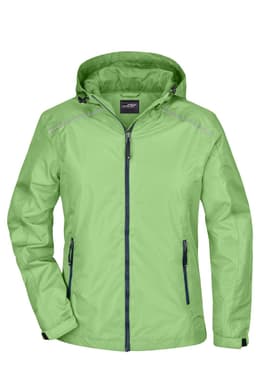 A green ladies rain jacket with a hood, featuring a zip front and two side pockets. It has a logo on it.