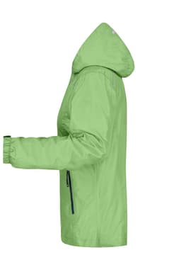A ladies rain jacket in bright green, featuring a hood and elastic cuffs. The jacket has a zipper and a logo.
