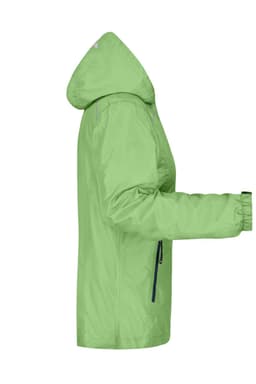 A green ladies rain jacket with a hood, featuring zippers and elastic cuffs. It has a logo on the design.