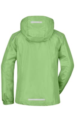 A light green ladies rain jacket with a hood and reflective details on the back. It features a sporty design and logo.