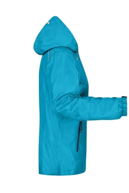 A bright blue ladies rain jacket with a hood and zippered pockets, featuring a logo.