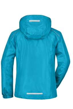 A turquoise ladies rain jacket featuring a hood and reflective accents at the back, showcasing a sleek design.