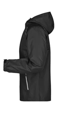 A black men's rain jacket with a hood, featuring a zipped front and reflective details.