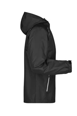 A black men's rain jacket featuring a hood and zippered pockets, with an overall lightweight design.